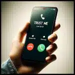 An image of a modern mobile phone receiving a call. The screen of the phone displays a caller ID that reads "TRUST ME" in bold letters. The phone is held in a hand against a neutral background, emphasizing the caller ID on the screen.