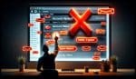 The scene includes a computer screen displaying an email inbox with several spam email subjects visible, such as "Account Hacked!" and "Urgent: Security Alert." A large, bold, red 'X' is superimposed over these scam emails, symbolizing rejection or marking them as spam. In the foreground, a figure symbolizing a user (not specific in appearance) confidently presses the 'delete' or 'spam' button on the email client, ignoring the scam attempts.