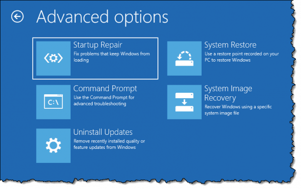 Troubleshooting -- Advanced options screen