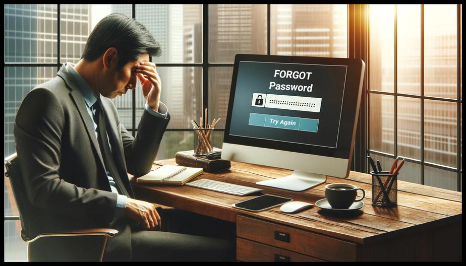 An office setting with a person sitting at a desk, visibly frustrated. The desk has a computer displaying a 'forgot password' error on the screen. The person is a middle-aged East Asian man in business casual attire. He's holding his head in one hand, and there's a notepad, a cup of coffee, and a smartphone on the desk. The room has a window with a view of a city skyline, suggesting an urban office environment. The atmosphere is that of stress related to forgotten credentials, with natural light coming from the window.