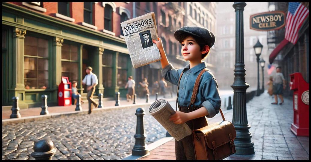 A young newspaper boy from the early 1900s standing on a street corner, holding a newspaper high in the air with one hand to attract attention. The boy is dressed in period-appropriate attire, including a flat cap, suspenders, and a newsboy's bag slung over his shoulder. The setting is a bustling urban street with cobblestones, vintage storefronts, and pedestrians walking by.