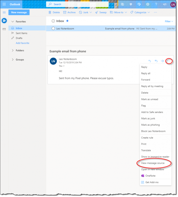 An example email in Outlook.com
