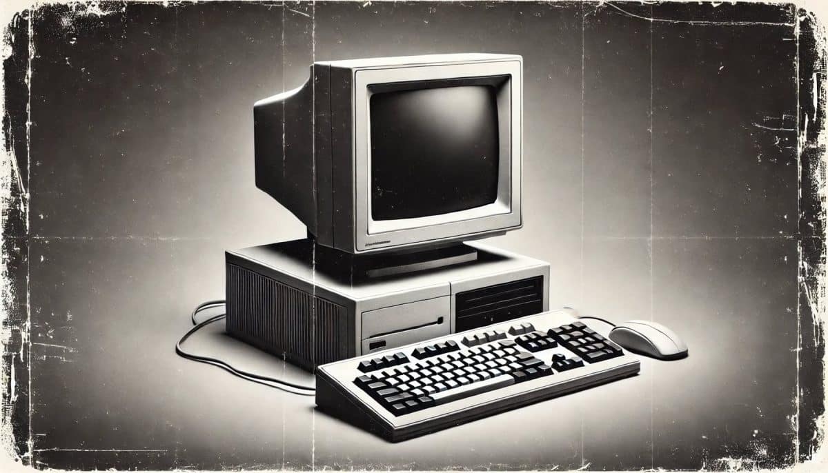 A black-and-white image of an older desktop computer styled like a 1900's newspaper photograph. The computer has a large, boxy monitor with a thick bezel, a chunky keyboard, and a wired mouse.