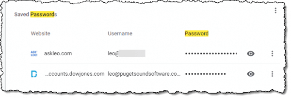 Google Chrome list of saved passwords