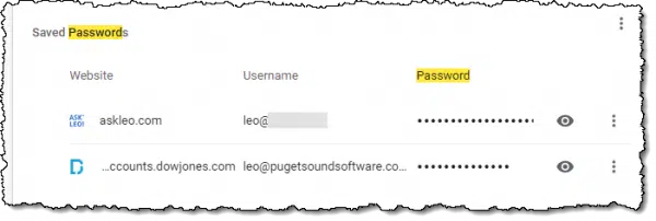 Google Chrome list of saved passwords