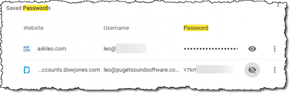 Google Chrome showing a saved password