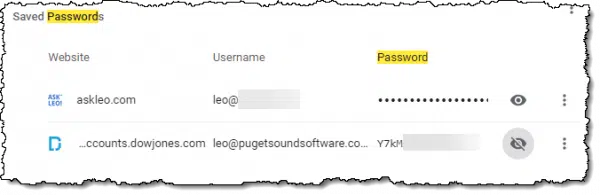 Google Chrome showing a saved password