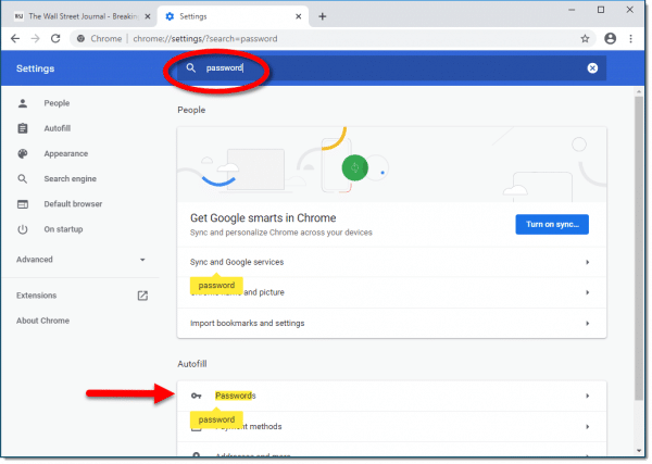 Google Chrome Settings search for password