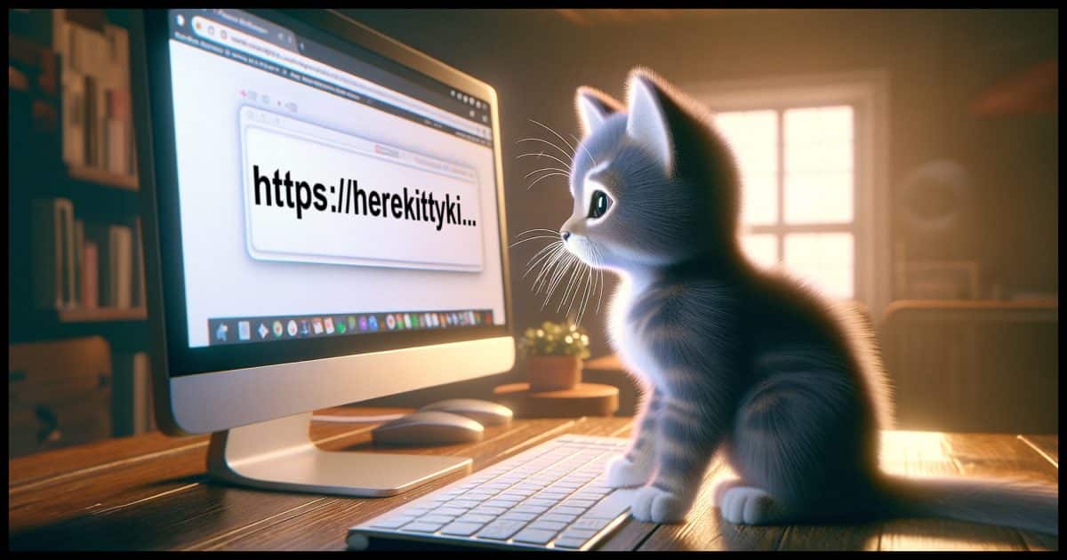 An adorable kitten sitting at a computer desk, carefully examining the URL displayed in a web browser on the computer screen.