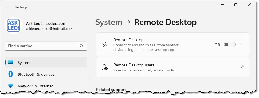 Remote Desktop Settings in Windows 11.