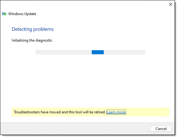 Windows Update Troubleshooter in progress.