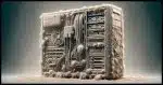 The back side of a desktop computer with an extreme amount of dust and pet hair, making it appear as the dustiest computer ever seen. The dust should be extremely thick, forming a dense, almost solid layer that covers every part of the computer's back. It should be difficult to even distinguish the ports and cables due to the heavy accumulation of dust and pet hair. The image should convey an extreme level of neglect and lack of cleaning, with the dust and hair almost transforming the appearance of the computer.