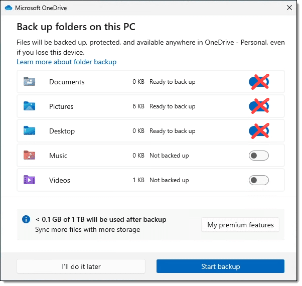 OneDrive Backup selection.