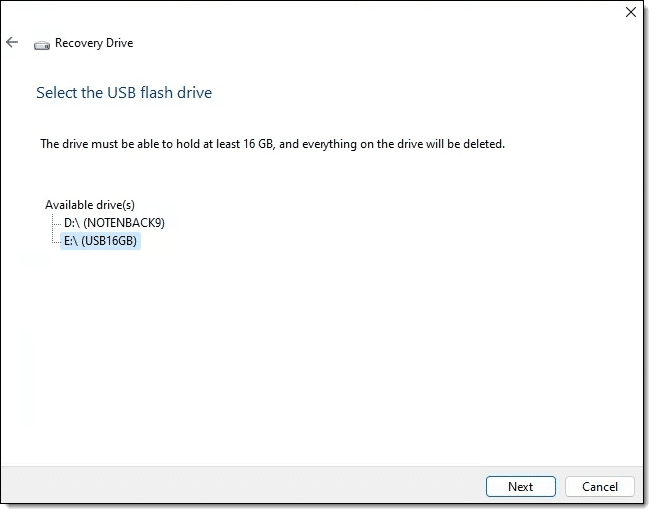 Selecting the USB drive to be a recovery drive.