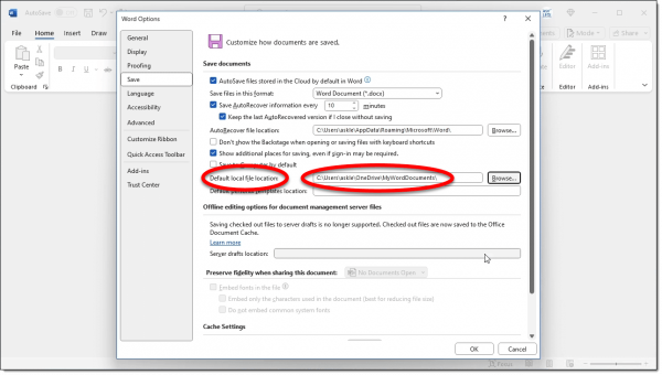 Word default save location.