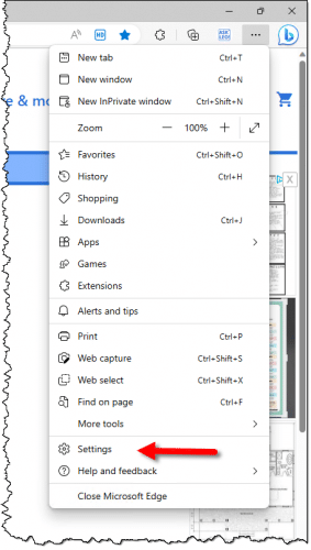 Edge Settings menu item.