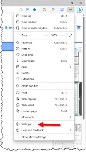 Edge Settings menu item.