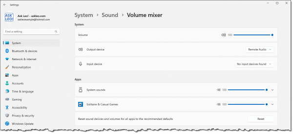 Volume Mixer in Windows 11.