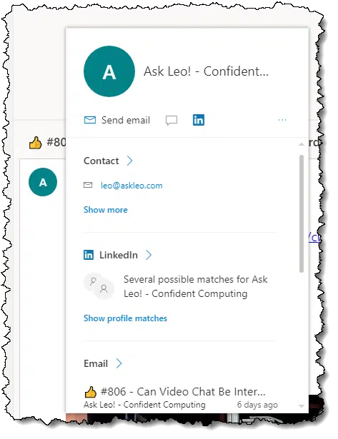 Hovering over the From: address in an Outlook.com message a little longer