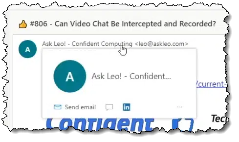Hovering over the From: address in an Outlook.com message