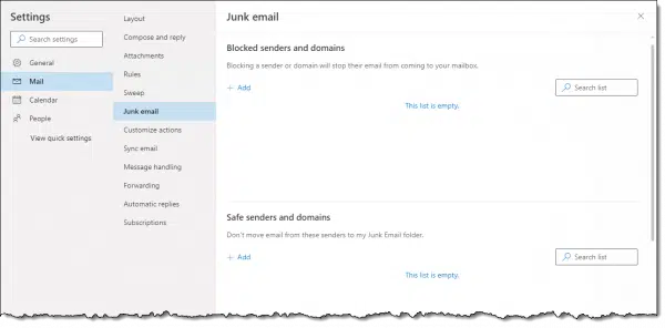 Safe senders and domains