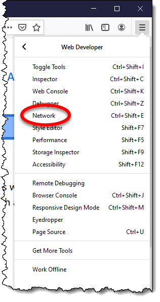 Network item on Web Developer menu
