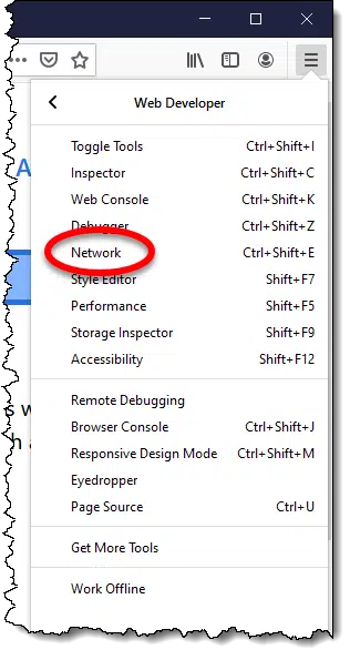 Network item on Web Developer menu