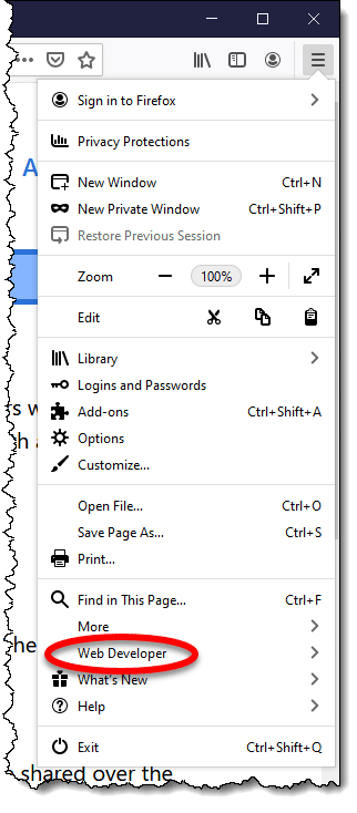 Web developer on the Firefox menu