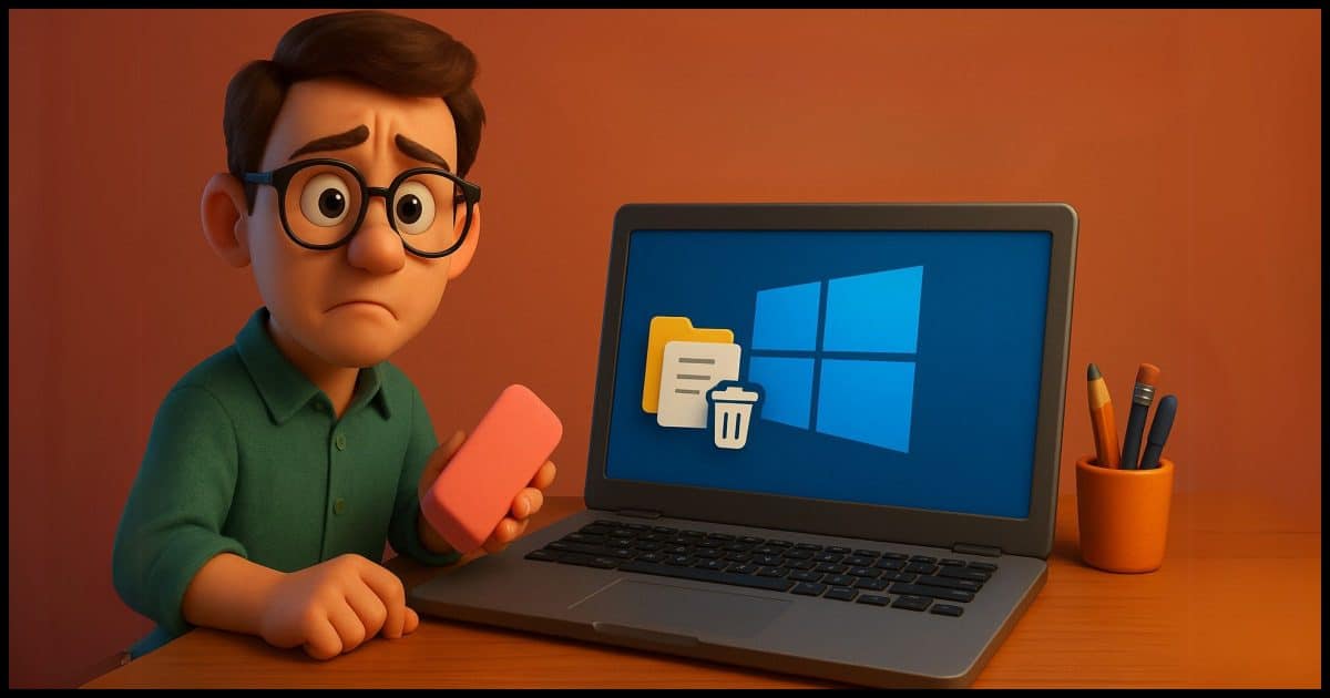 A concerned young man with large glasses holding a pink eraser beside a laptop. The laptop screen displays the Windows logo and icons of a folder, a document, and a trash can. The background is warm-toned, and there's a cup of pencils on the desk.