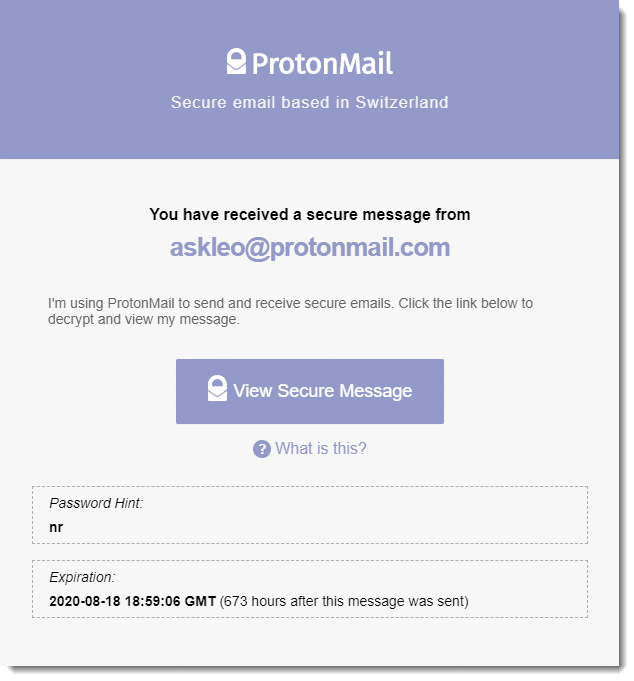 An encrypted message notification to a non-ProtonMail account