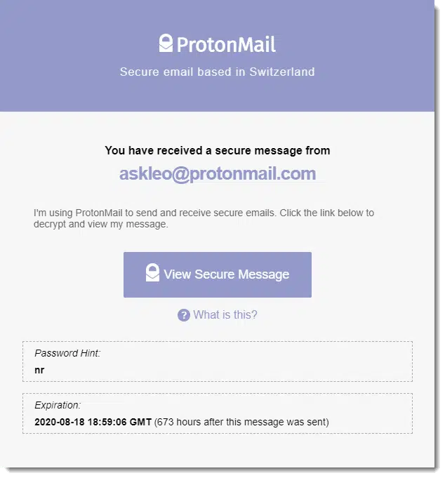 An encrypted message notification to a non-ProtonMail account
