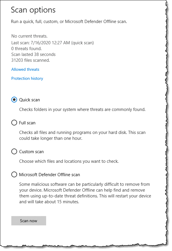 Windows Security - Scan options