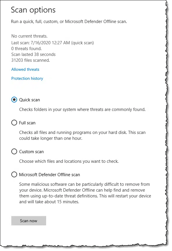 Windows Security - Scan options
