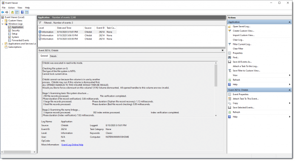 Results of CHKDSK displayed in Event Viewer