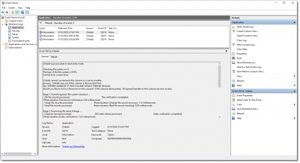 Results of CHKDSK displayed in Event Viewer