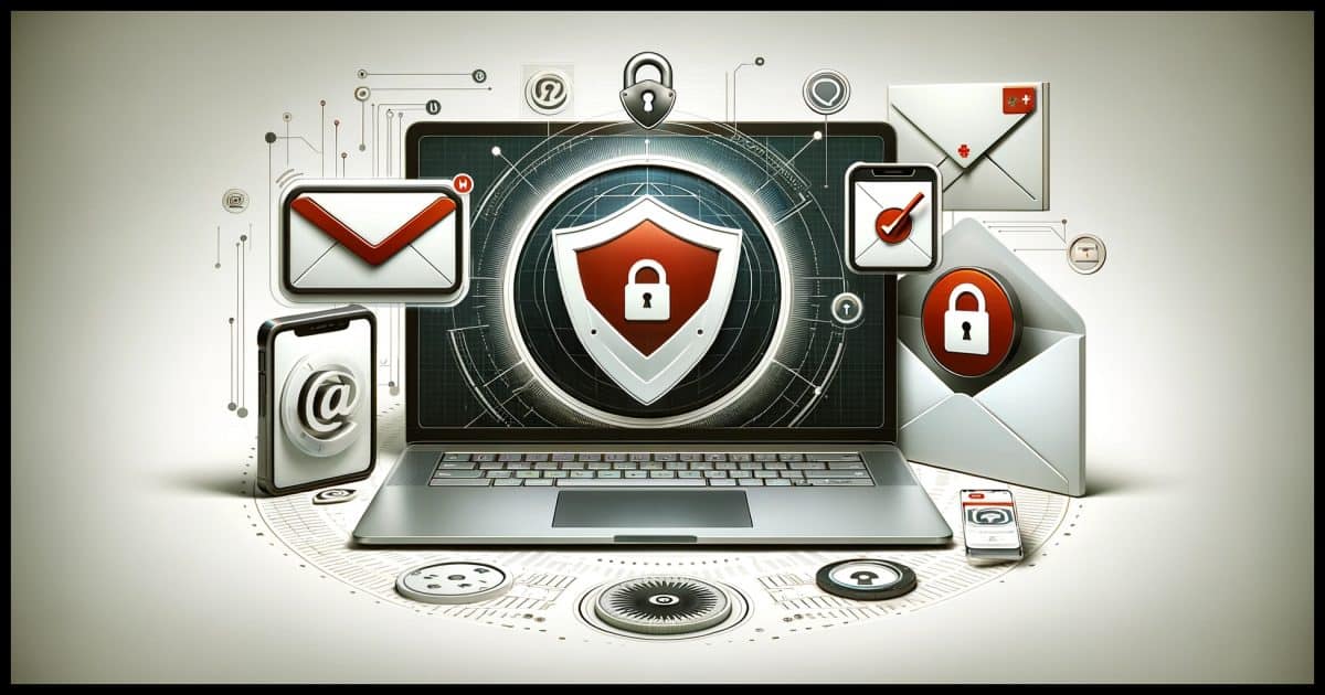 A digital collage illustrating the concept of email privacy and security on a white background. Centered is a large, open laptop, symbolizing a secure email service. Around the laptop, include a lock representing security, an envelope with a shield for encrypted email, and a mobile phone with a red cross, indicating the option to create an email account without a phone number. The background should be plain white, with minimal digital motifs, focusing on the clarity and simplicity of the concept of digital communication and privacy.