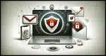 A digital collage illustrating the concept of email privacy and security on a white background. Centered is a large, open laptop, symbolizing a secure email service. Around the laptop, include a lock representing security, an envelope with a shield for encrypted email, and a mobile phone with a red cross, indicating the option to create an email account without a phone number. The background should be plain white, with minimal digital motifs, focusing on the clarity and simplicity of the concept of digital communication and privacy.