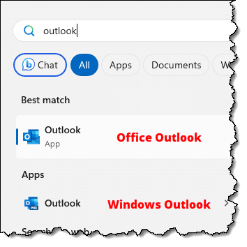 Outlook search results in Windows 11 Start menu.