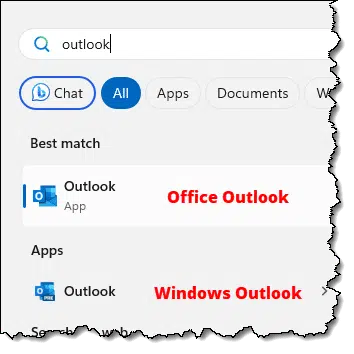Outlook search results in Windows 11 Start menu.