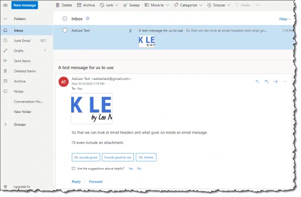 An example email in Outlook.com