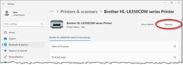 Settings -> Printer with Remove button highlighted.