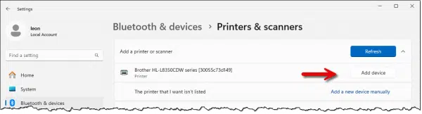 Printer located and ready to add.