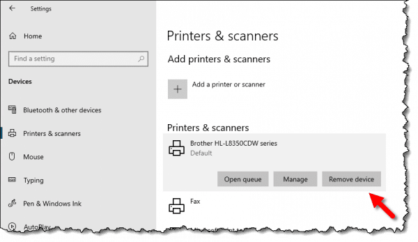 Remove device button in Printer listing