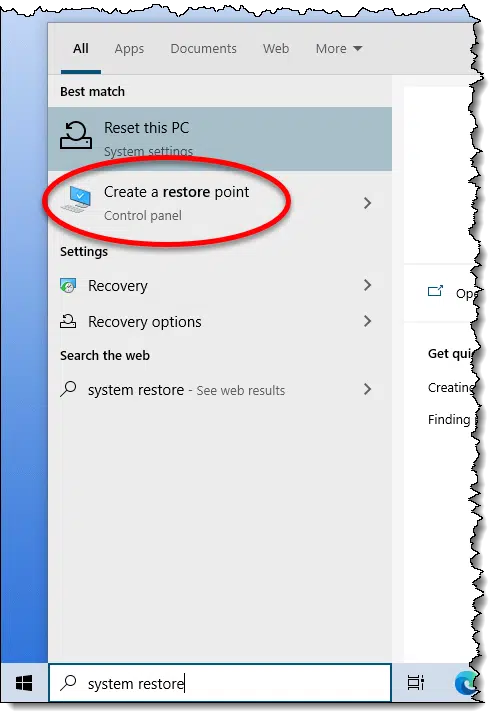 Create a restore point in search results
