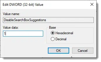 Editing the value of DisableSearchBoxSuggestions