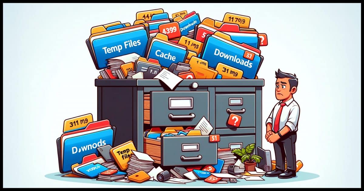 An overflowing file cabinet symbolizing a cluttered hard drive. Various file icons labeled 'temp files', 'cache', 'downloads' are spilling out of the cabinet. A frustrated user, a Caucasian adult, is looking at the mess. The scene is set in an office environment, emphasizing the clutter and disorganization caused by digital files. The style is colorful and slightly cartoonish.