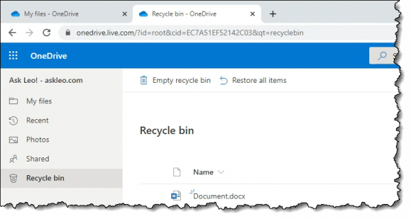 OneDrive Recycle bin online