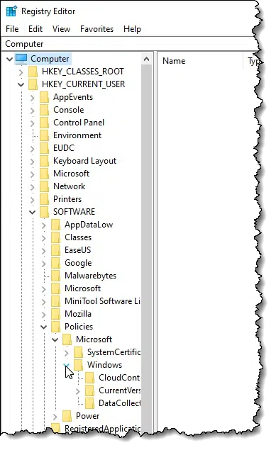 Registry Editor open to