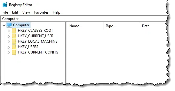 Registry editor, opened