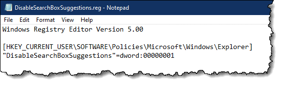 DisableSearchBoxSuggestions.reg opened in Notepad